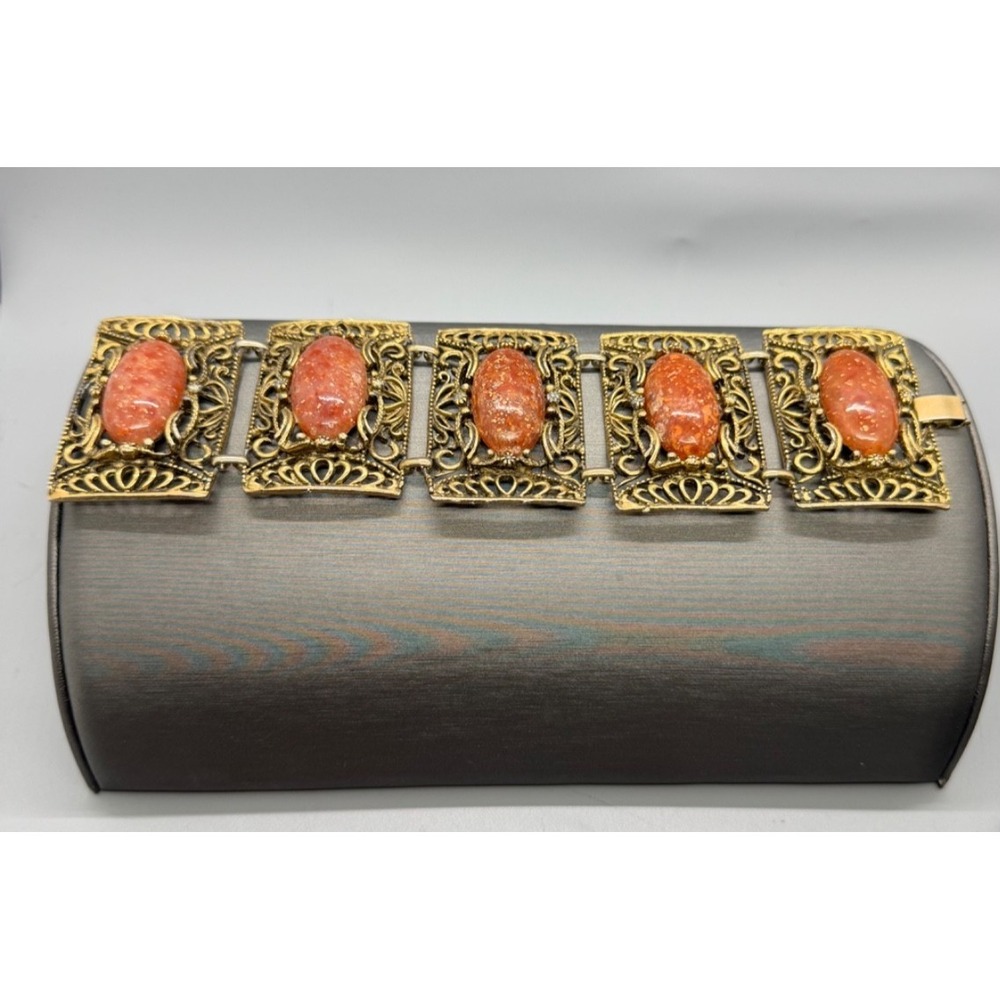 VTG Victorian Revival Bracelet Oval Orange Cabochon Stones Filigree Gold Tone